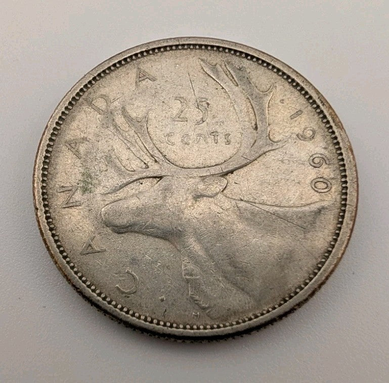 Canada 1960 25 Cents 25c Canadian Caribou Quarter Coin - 80% Silver - ASW .150oz0