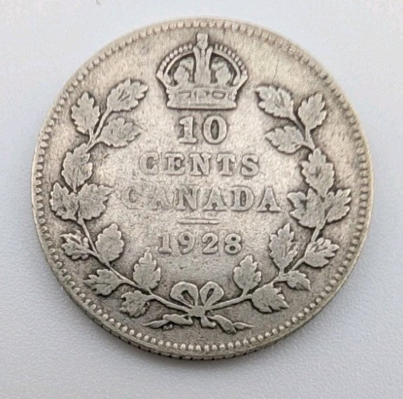 1928 Canada Silver 10 Cent, Circulated Good condition0