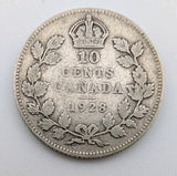 1928 Canada Silver 10 Cent, Circulated Good condition0