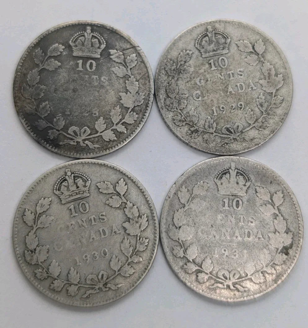 Canada silver 10 cent coins, lot of 4 10 c coins - 1928 to 1931 - NumisFind