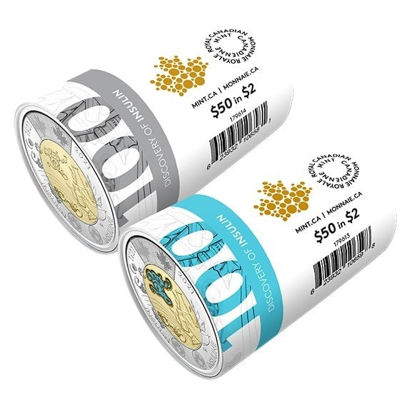 2021 100th Anniv Insulin Toonie set of 2 Special Wrap Roll Canada 2x25x2$0
