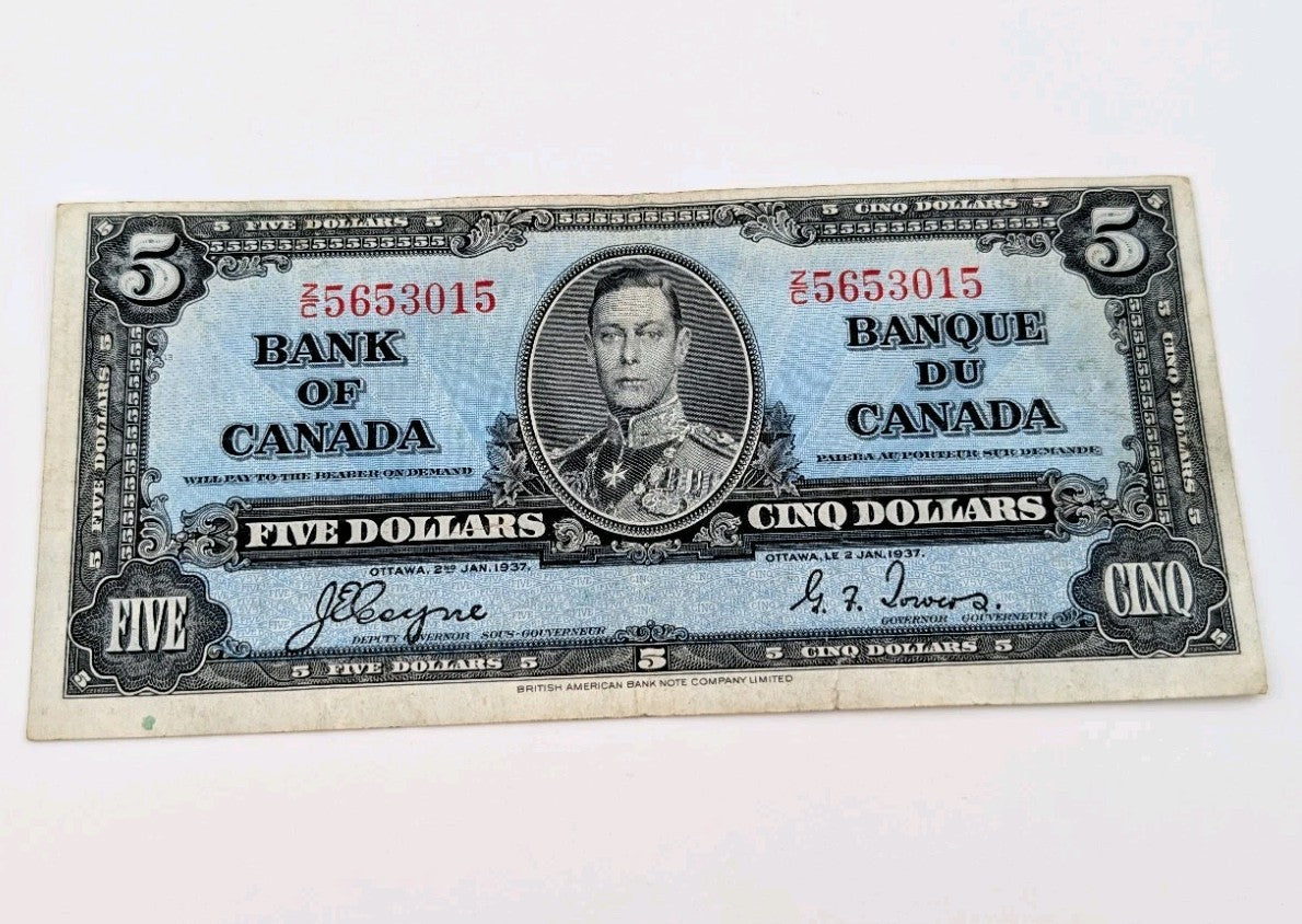 Canada 1937 $5 Five Dollar Banknote Coyne - Towers Fine/VeryFine0