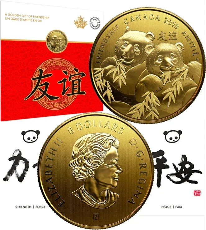 2019 - Golden Gift of Friendship - Pandas $8 Pure Silver Gold Plated Canada Coin - NumisFind