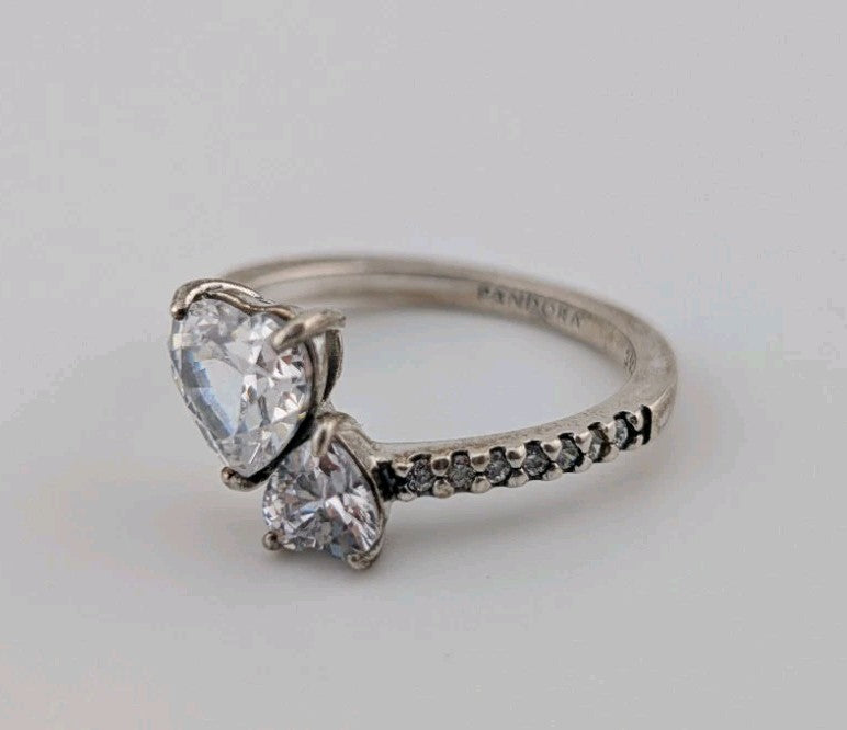 Pandora Double Heart Sparkling Ring Sterling Silver ALE 54  Size 9  3.0 Grms0