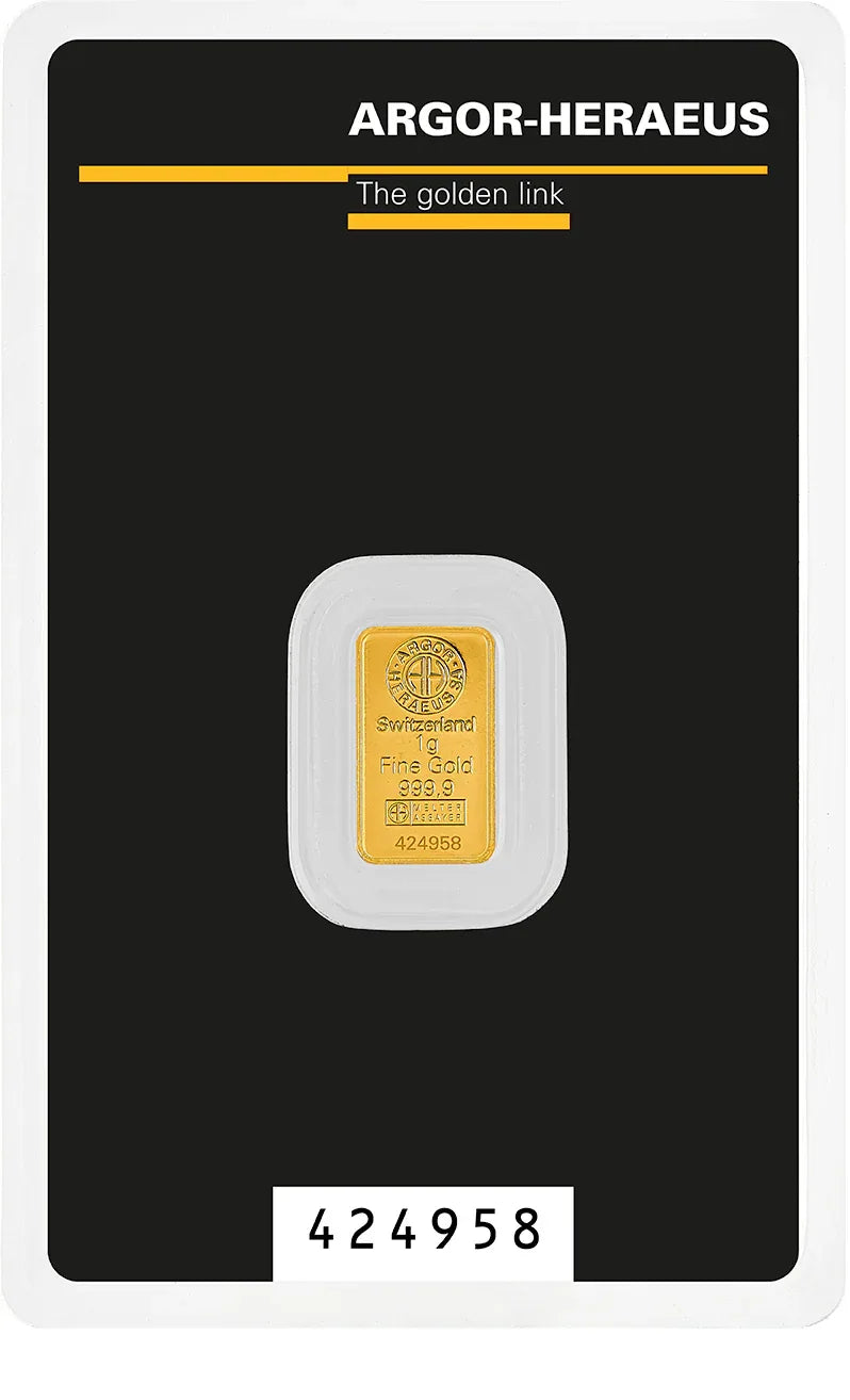 1g 24k Gold Bar – Argor-Heraeus Suisse – 99.99% Pure – Sealed Assay Card - NumisFind