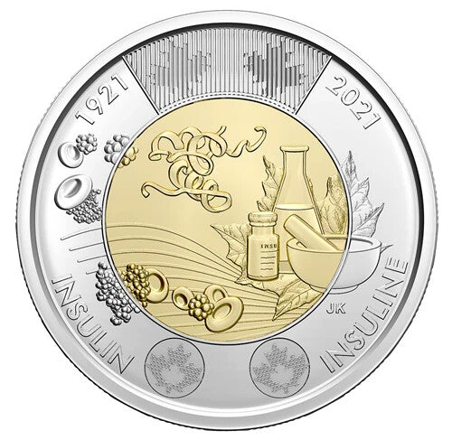 2021 Canada Insulin discovery non-coloured and coloured $2 toonie from mint roll2