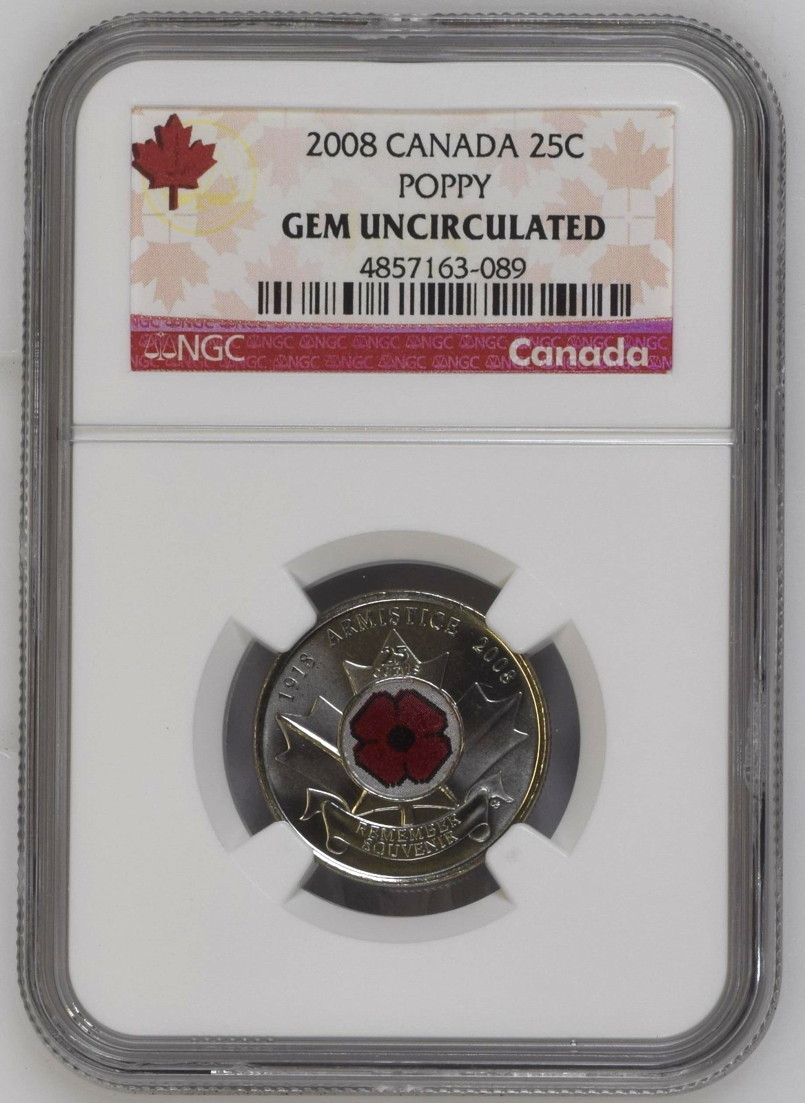2008 Canada 25c NGC GEM UNC Poppy Quarter Colorized0