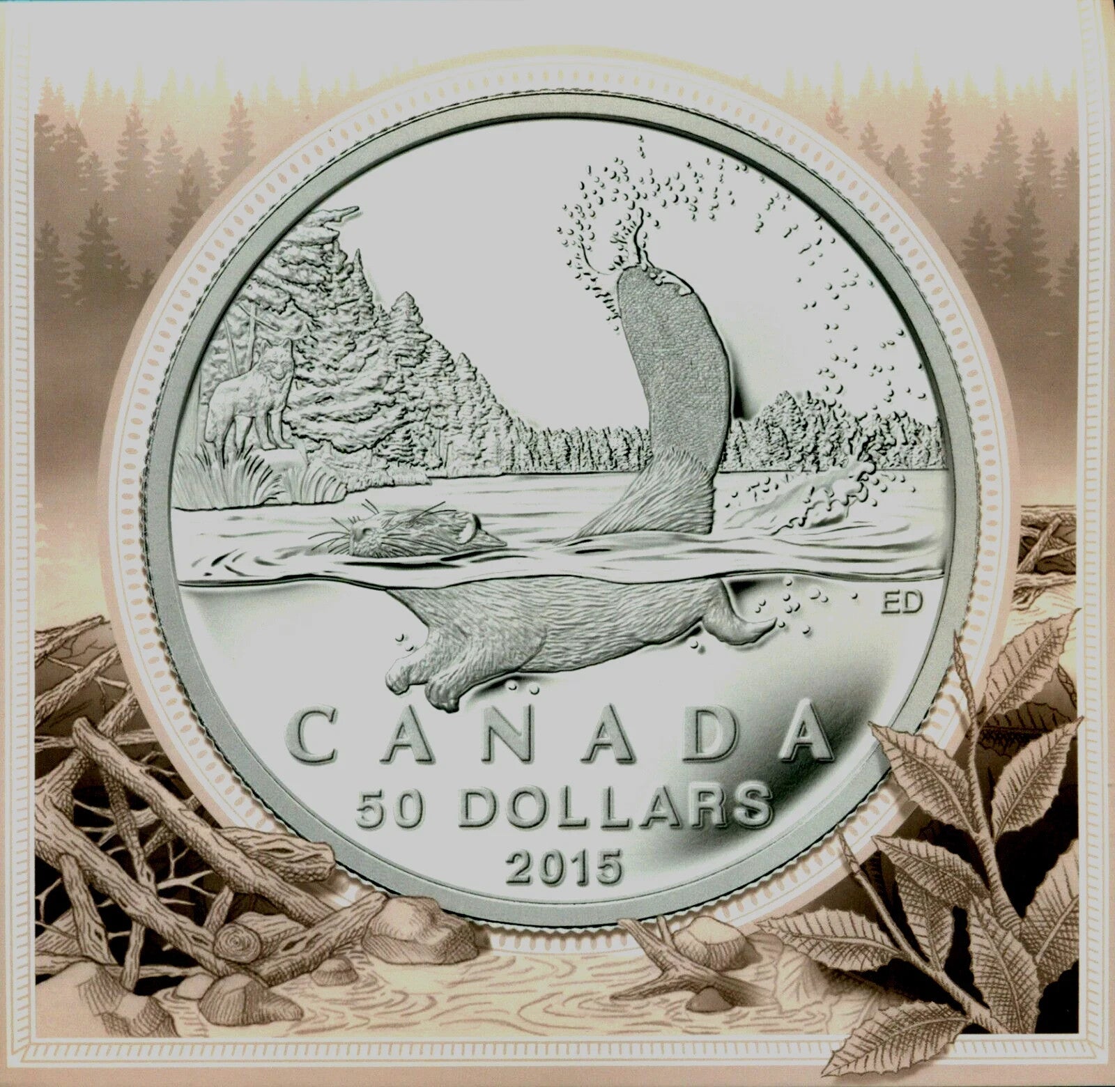 2015 Mint $ 50 Dollars Proof Fine Silver Coin 99.99 – Beaver - & COA - 15.87 gr.0