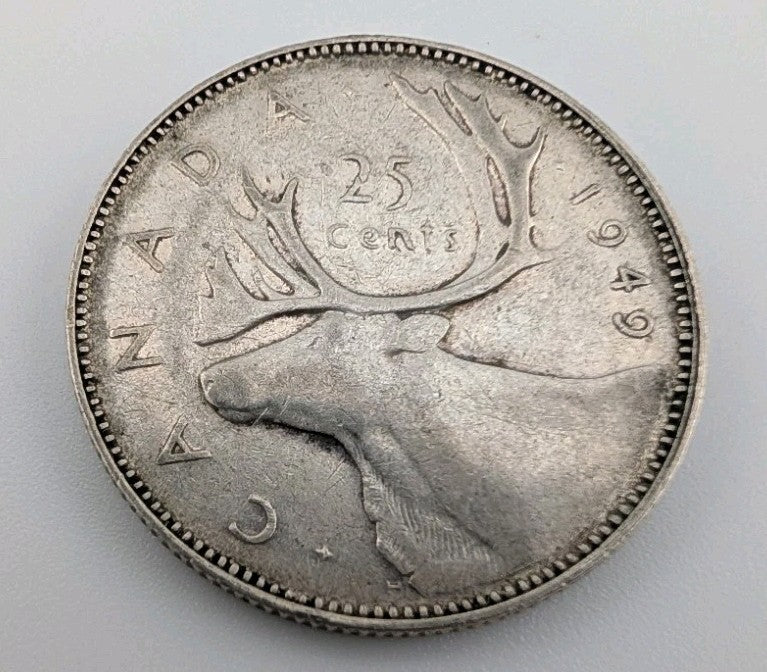 Canada 1949 25 Cents 25c Canadian Caribou Quarter Coin - 80% Silver - ASW .150oz0