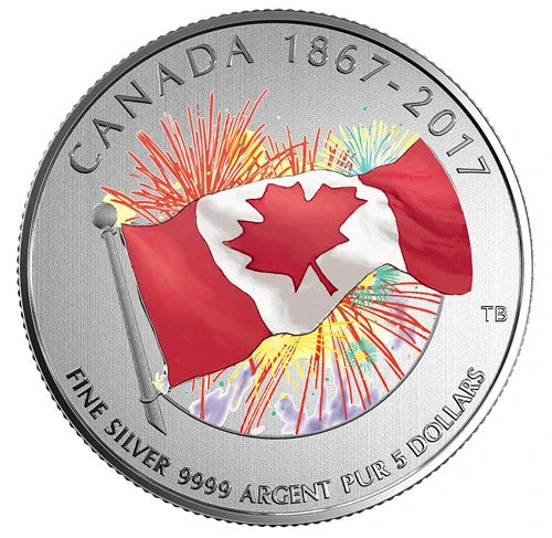 2017 CANADA’S 150th $5 DOLLAR PURE SILVER COLOURED GLOW-IN-THE-DARK 1/4 Oz COIN 1