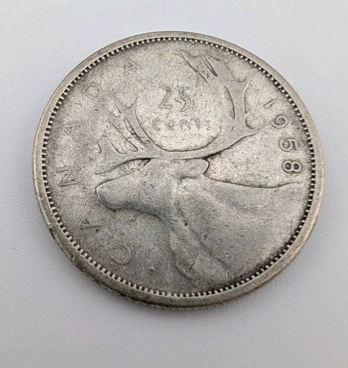 Canada 1958 25 Cents 25c Canadian Caribou Quarter Coin - 80% Silver - ASW .150oz0