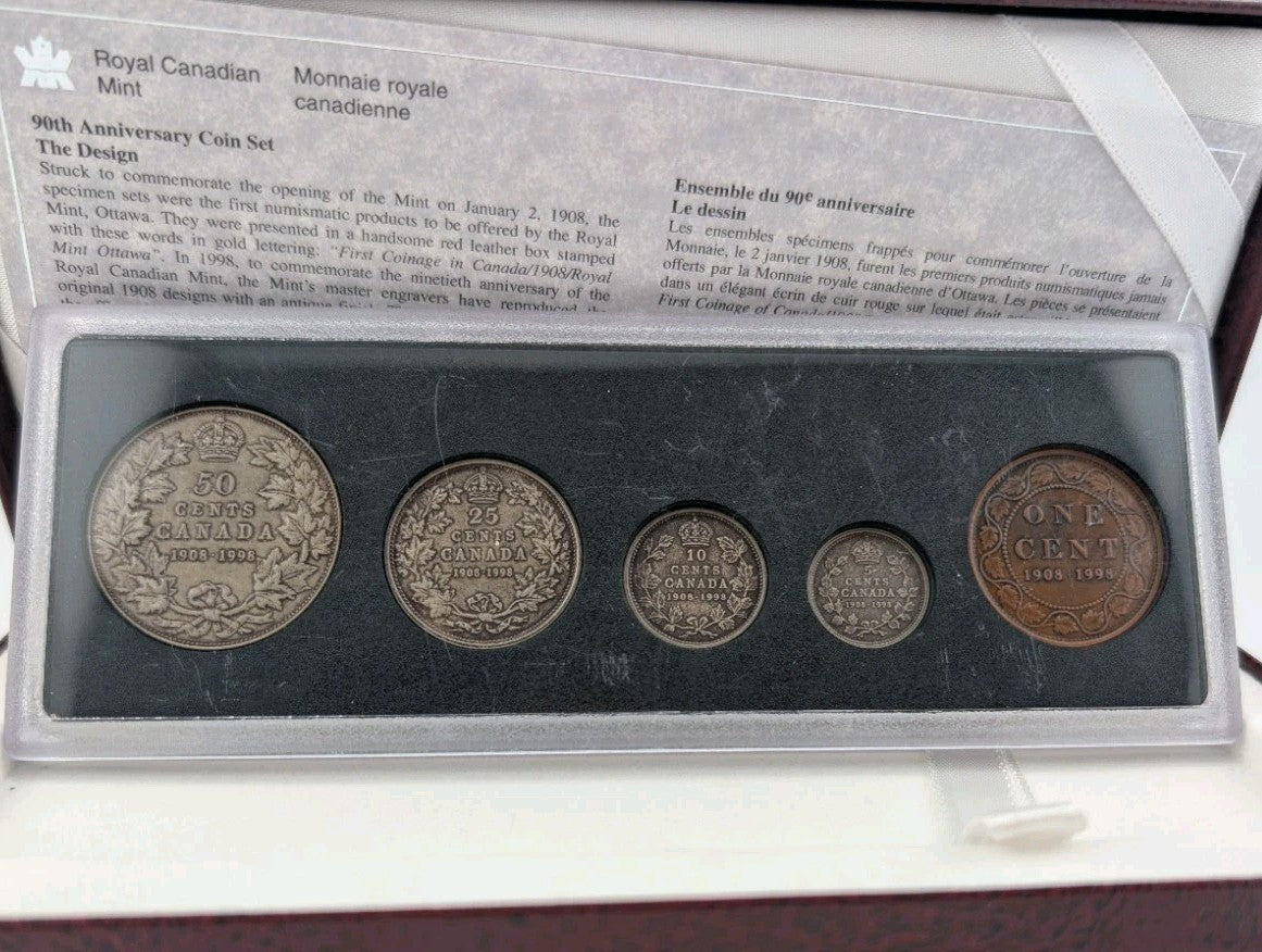 1998 Canada Silver 90th Anniversary Antique 5 Coin Set 1908-19980
