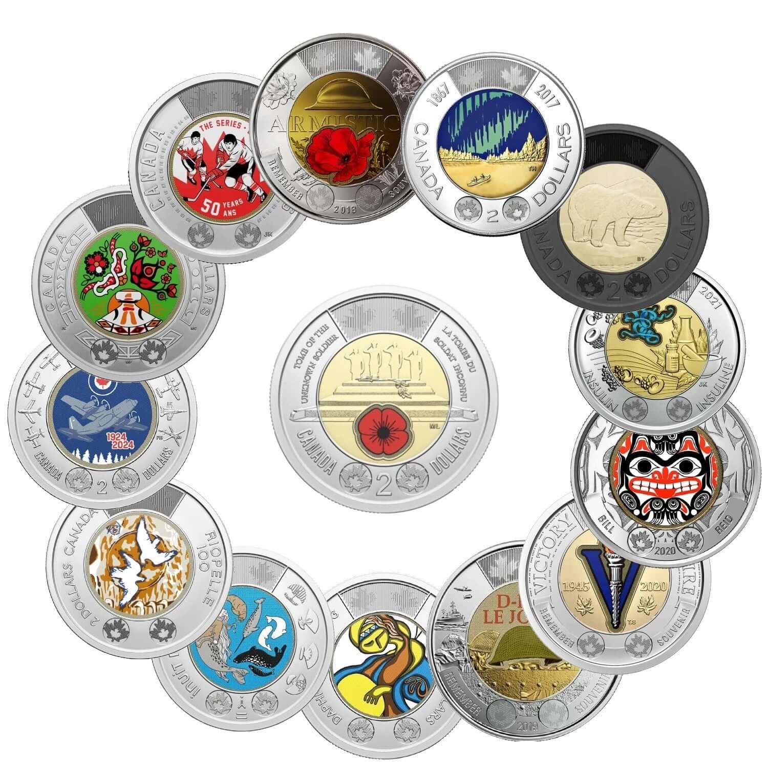 Canada Full Colored Toonie 2 Dollars 14-Coin Set 2017 - 2025