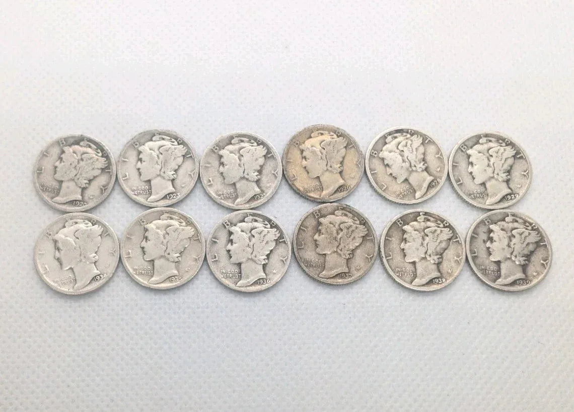 Mercury dime lot of 12, 1923 to 1939. 90% silver coins - NumisFind