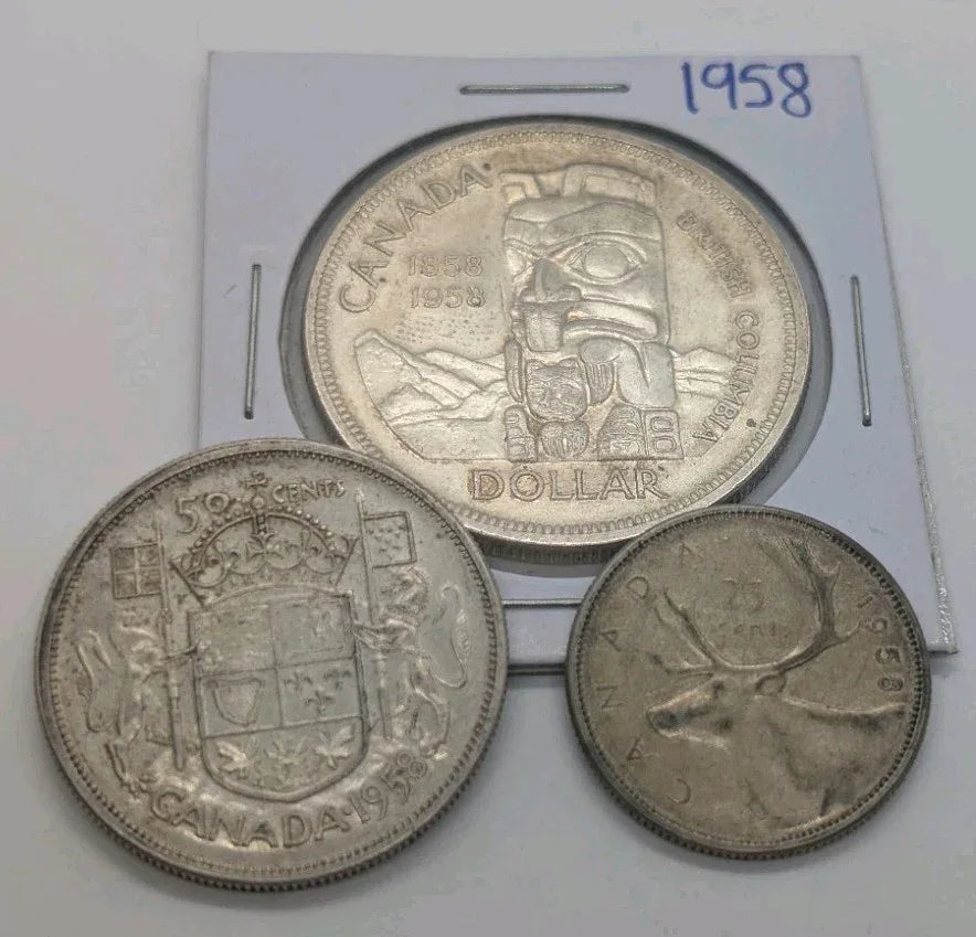 Set Of 3 Canada 1958 Silver Coins 25c 50c & 1$ Coins Circulated - NumisFind