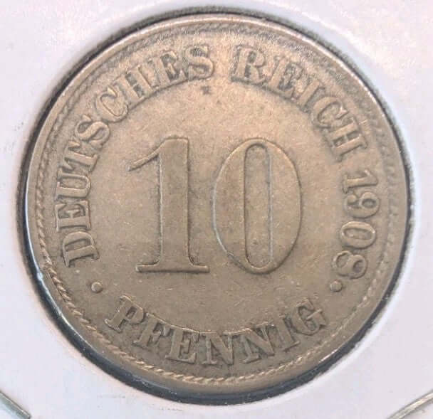 1908J Germany 10 Pfennig Coin – German Empire WWI Era Vintage Pfennig0
