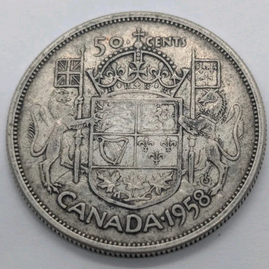 1958 Canadian 50 Cents .800 Silver Half Dollar Queen Elizabeth II UNC - NumisFind