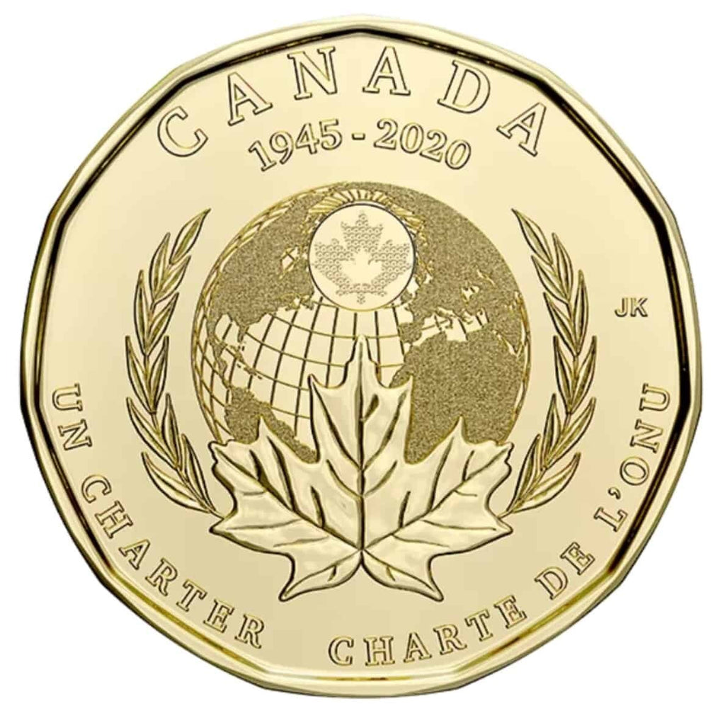 2020 Canada One Dollar 75th Anniversary of UN Charter Plain & Coloured Loonie2