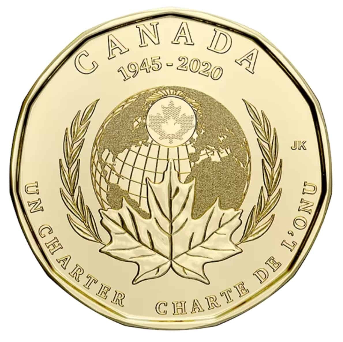 2020 Canada One Dollar 75th Anniversary of UN Charter Plain & Coloured Loonie2