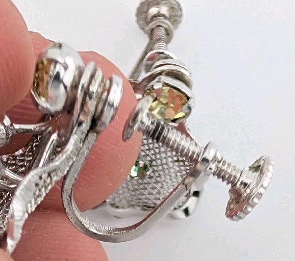 Vintage Signed Bond Boyd Sterling Silver Mesh Rhinestone Screwback Earrings 3/4″2