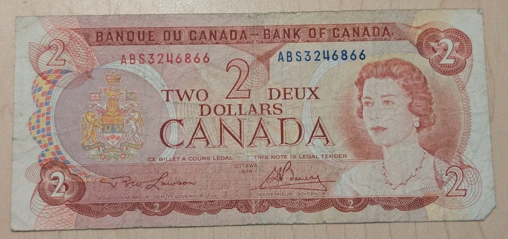 1974 Canada TWO Dollar Bill $2 - CIRCULATED - Serial# ABS3246866 - NumisFind