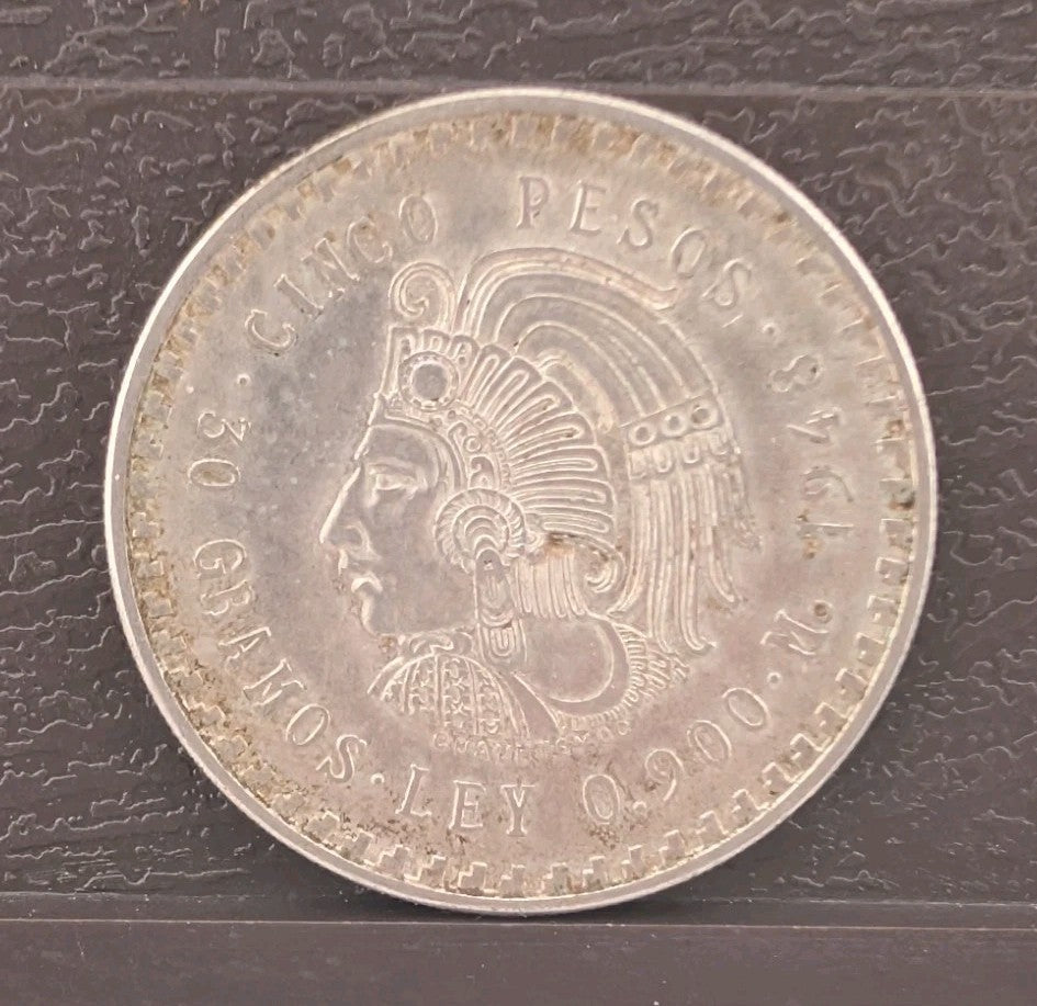 1948 Silver Coin Mexico Cuauhtémoc Cinco Pesos 30 Gramos Ley 0.9000