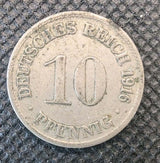 1916 Germany 10 Pfennig Coin – German Empire WWI Era Vintage Pfennig0