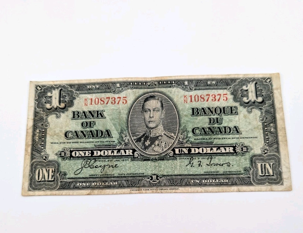1937 Bank of Canada One Dollar Bill. Coyne - Towers Circulated $1 Bank Note0