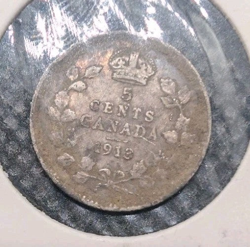 1913 Canada  Silver 5 Cents Silver Coin0