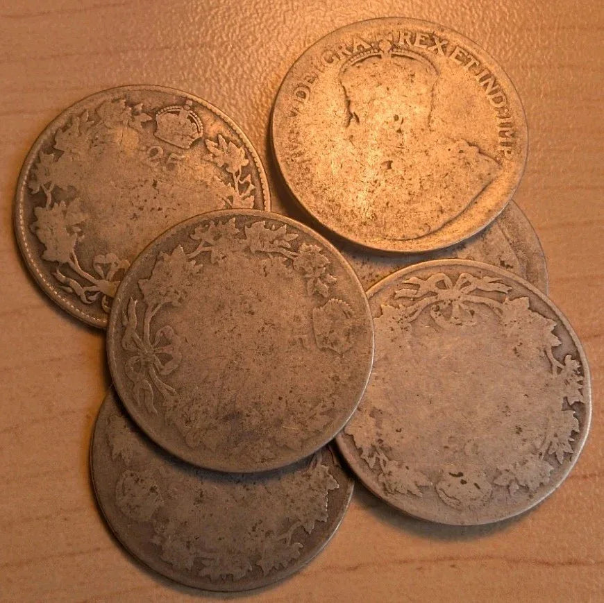 (1) CANADA KING GEORGE V STERLING 25 CENT COIN CAN - SCRAP SILVER UNKNOW DATE - NumisFind