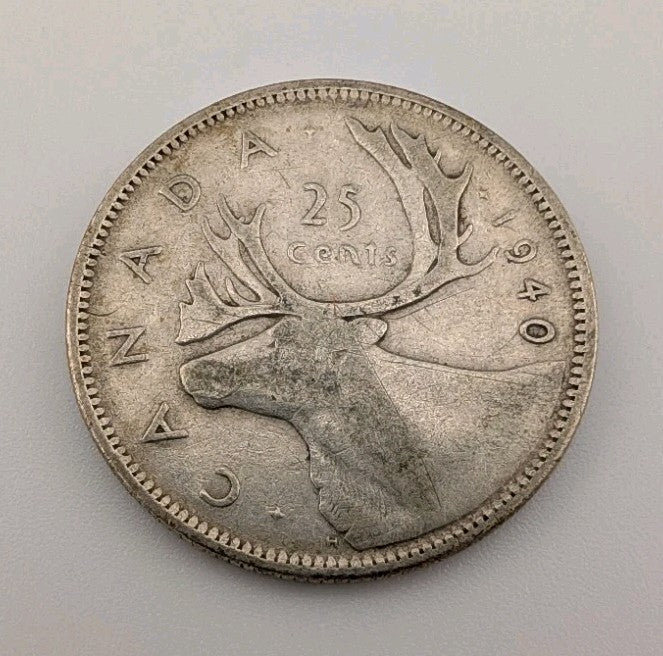 Canada 1940 25 Cents 25c Canadian Caribou Quarter Coin - 80% Silver - ASW .150oz0
