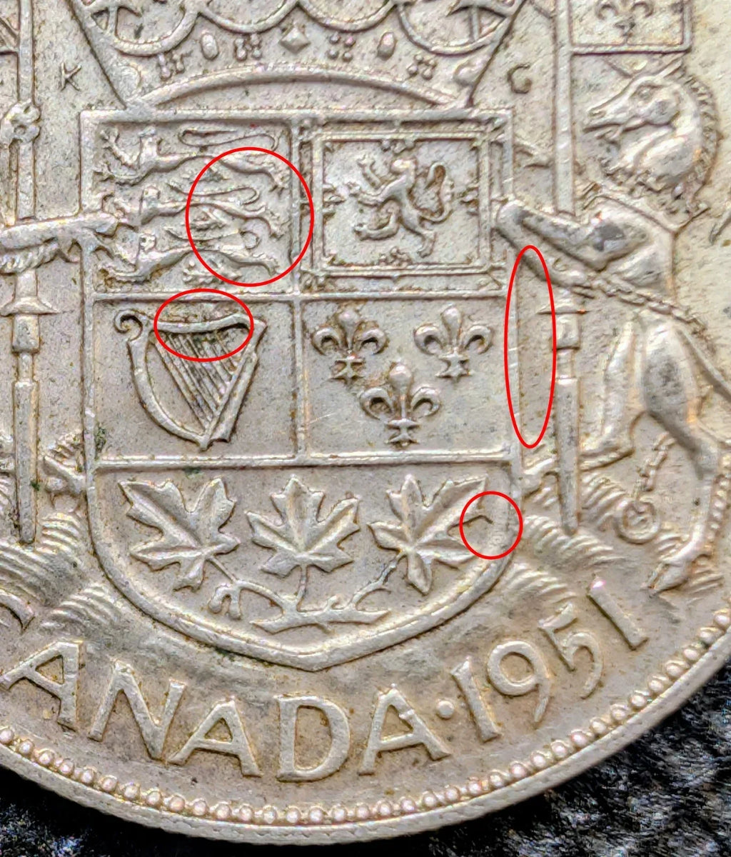 Mint Error! Die clash obverse - 1951 Canada SILVER Half Dollar Fifty Cents Coin - NumisFind