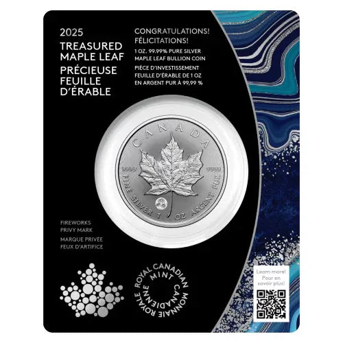 2025 Treasured Silver Maple Leaf 1oz .9999 - Fireworks Privy - NumisFind