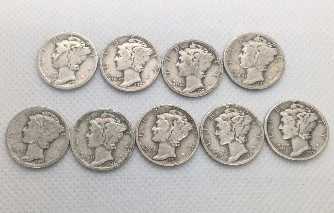 Mercury dime lot of 9, 1923 to 1939. 90% silver coins - NumisFind