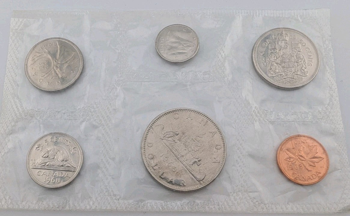 1968 Canada Pl 6-Coin Set Original Seal Dollar 50-Cent Quarter Dime Nickel Penny0