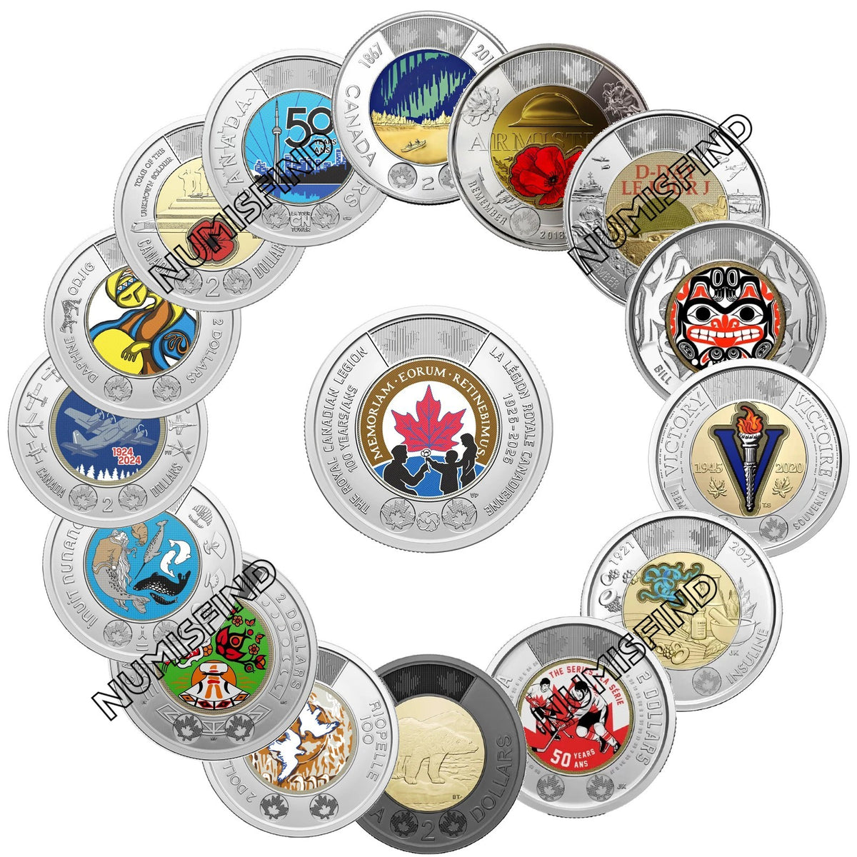 Canada Complete $2 Colored Toonie 16 Coin Set 2017-2026 Royal Canadian Legion0