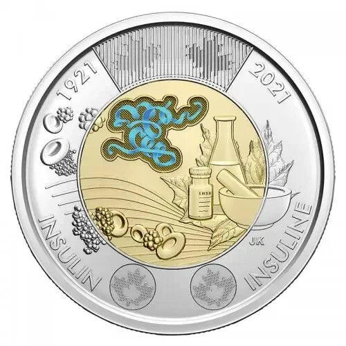 2021 Canada Insulin discovery non-coloured and coloured $2 toonie from mint roll - NumisFind