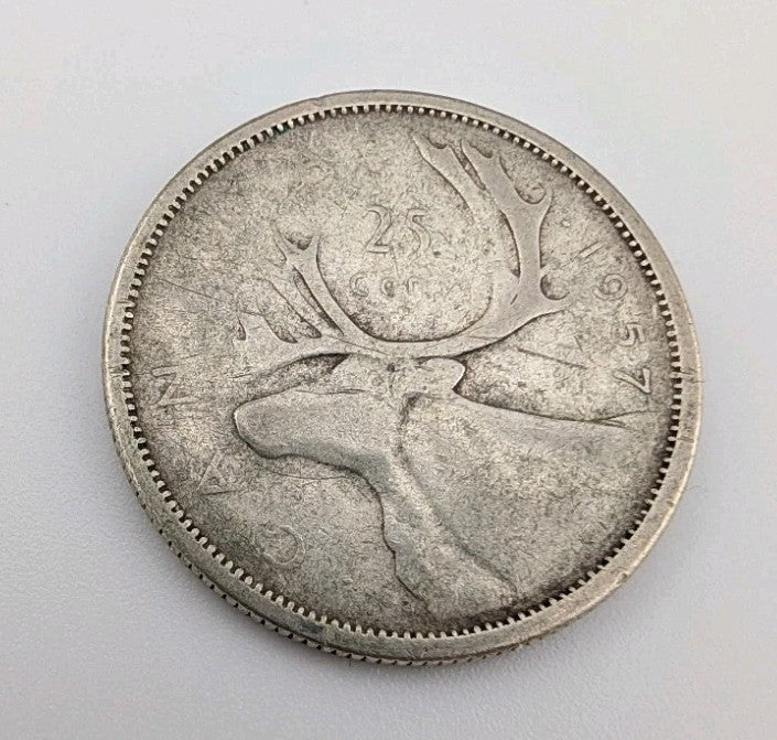 Canada 1957 25 Cents 25c Canadian Caribou Quarter Coin - 80% Silver - ASW .150oz0