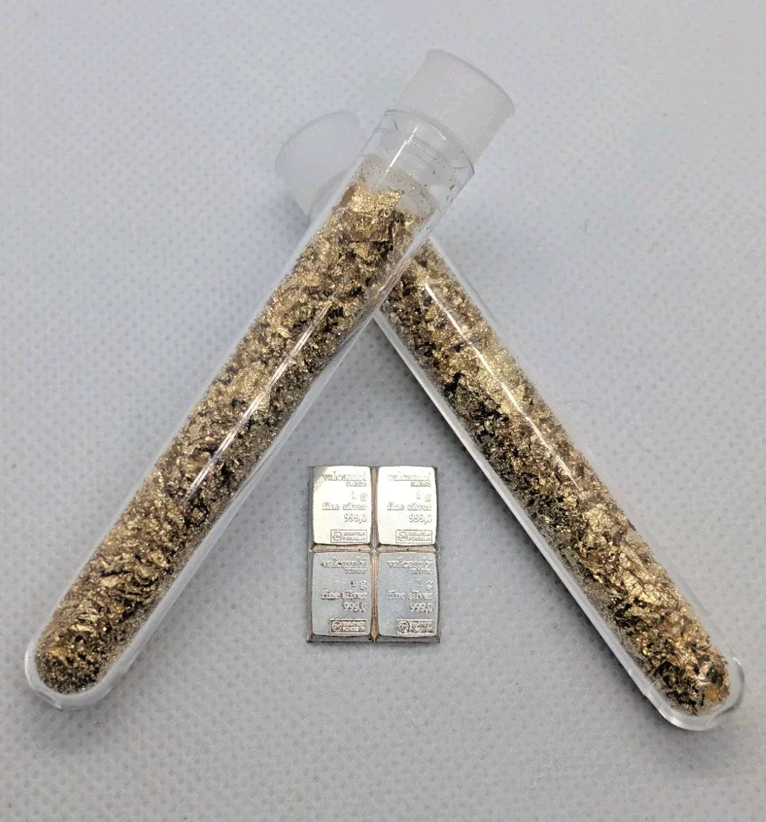 (4) Pure Silver Bars .999 Fine + 2 Gold Flake Vials - NumisFind