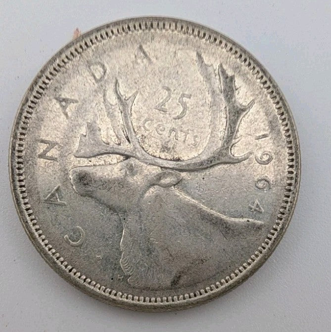 Canada 1964 25 Cents 25c Canadian Caribou Quarter Coin - 80% Silver - ASW .150oz0
