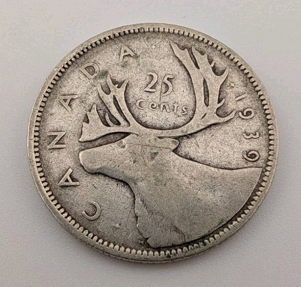 Canada 1939 25 Cents 25c Canadian Caribou Quarter Coin - 80% Silver - ASW .150oz0
