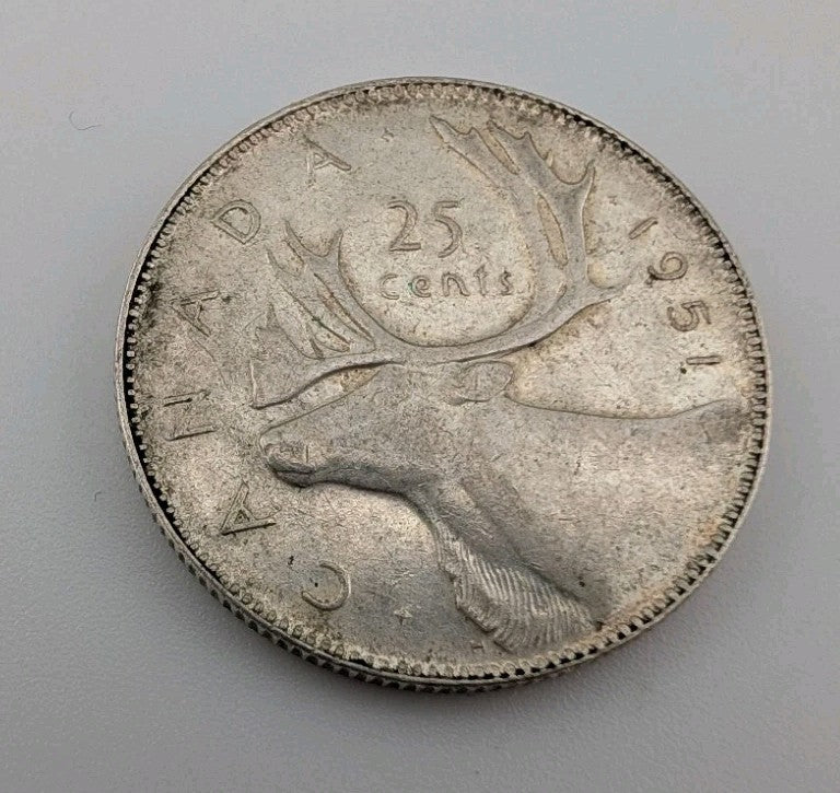 Canada 1951 25 Cents 25c Canadian Caribou Quarter Coin - 80% Silver - ASW .150oz0
