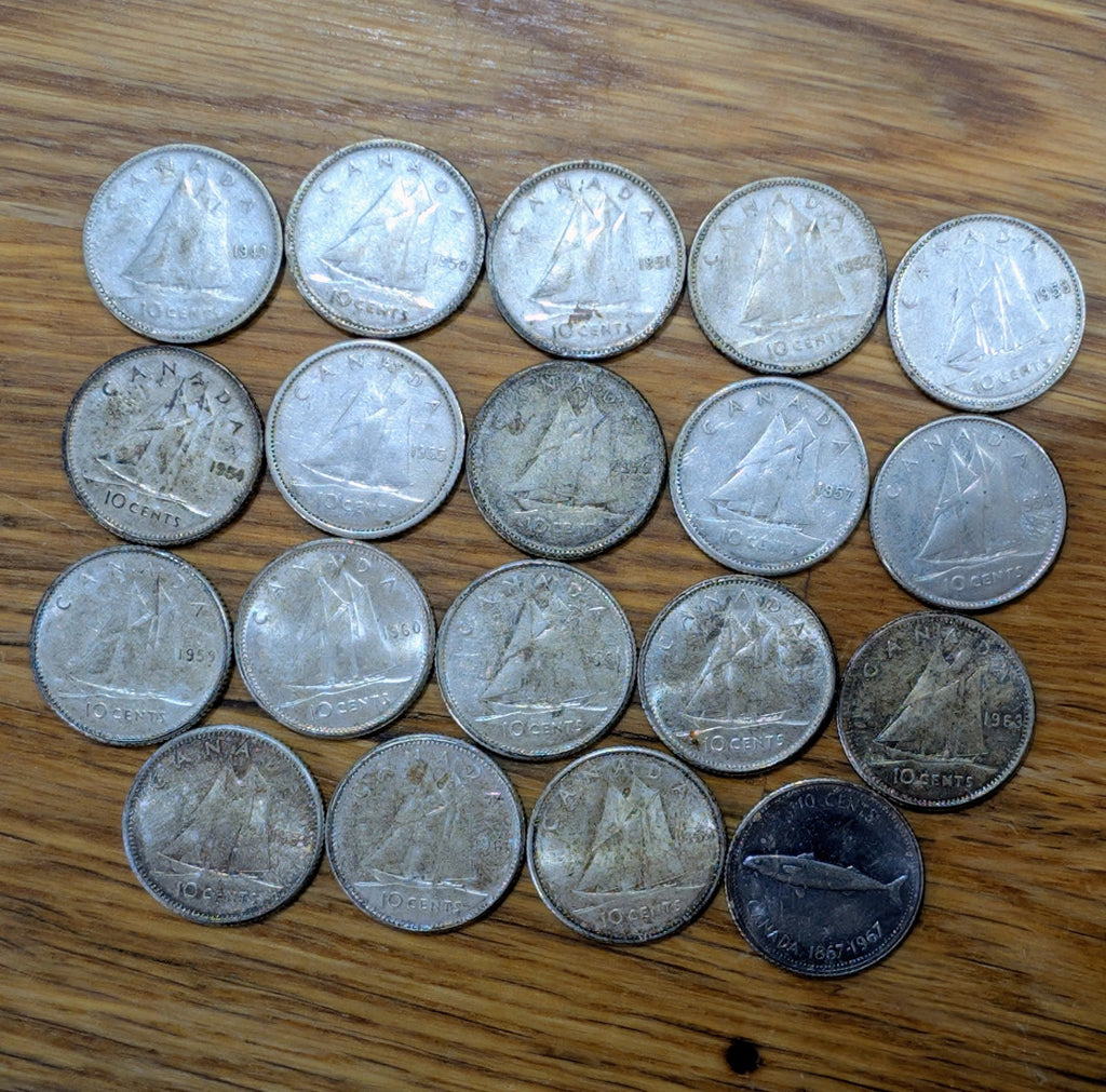 SET OF 19 1949-1967 Canada Silver 10 Cent Dime Coins!0