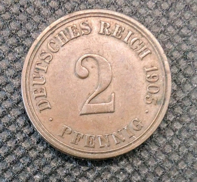1905 Germany 2 Pfennig Coin - Deutsches Reich Imperial German Coin0