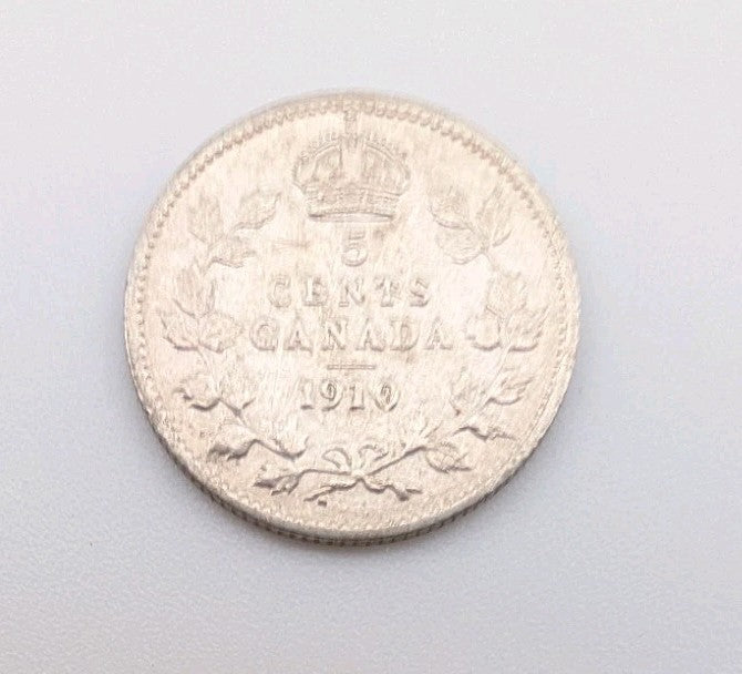 1910 Canada 5 Cents Coin (92.5% Silver) Edward VII Pointed Leaves variety0