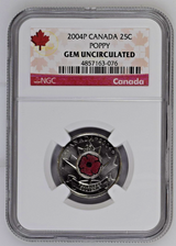 2004-P Canada 25c NGC GEM UNC Poppy Quarter Colorized0