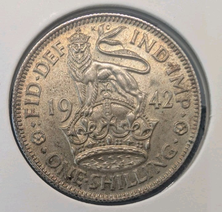 AU! Silver Great Britain 1942 One Shilling - UNC DETAILS - 5.66g of 0.5 Silver0