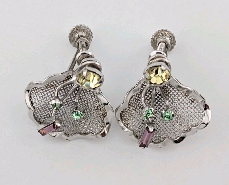 Vintage Signed Bond Boyd Sterling Silver Mesh Rhinestone Screwback Earrings 3/4″0