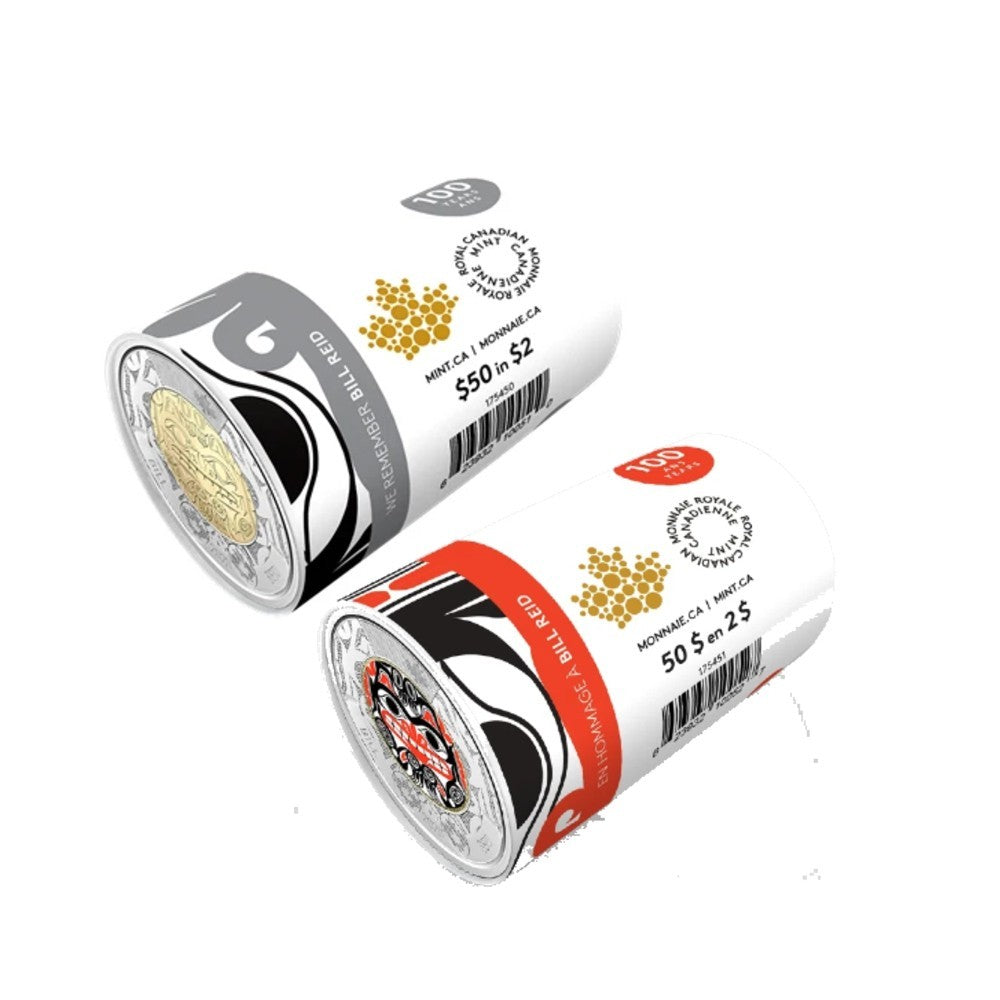 2020 100th Anniv Bill Reid Toonie set of 2 Special Wrap Roll Canada 2x25x2$0
