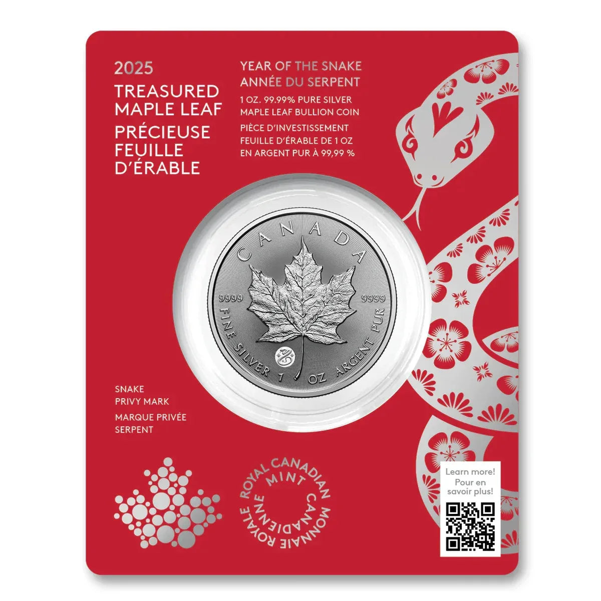 2025 Treasured Silver Maple Leaf 1oz .9999 - Year Of The Snake Privy - NumisFind